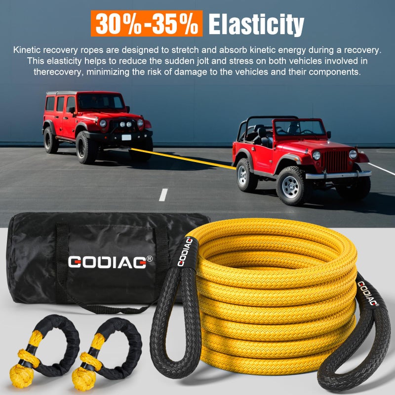 GODIAG 1"Ã—20ft Kinetic Recovery Rope (33000lbs) Heavy Duty Energy Tow Rope with 2 Soft Shackles, Offroad Power Stretch Snatch Rope for Truck Jeep Car ATV UTV Tractor - Image 5