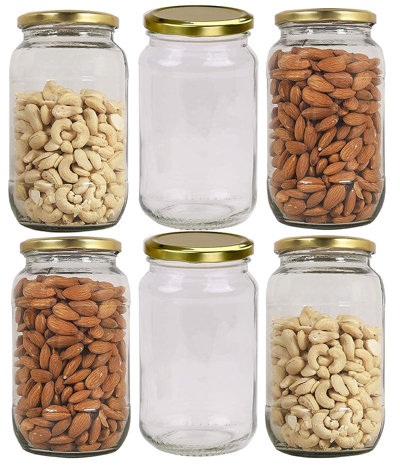 KAHAAN 1000 ml Wide Mouth Mason Jar Glass Jars with Silver Metal Airtight Lids for Meal Prep Food Storage Canning Drinking Overnight Oats Jelly Dry Food Spices Pack Of 6 - Image 1