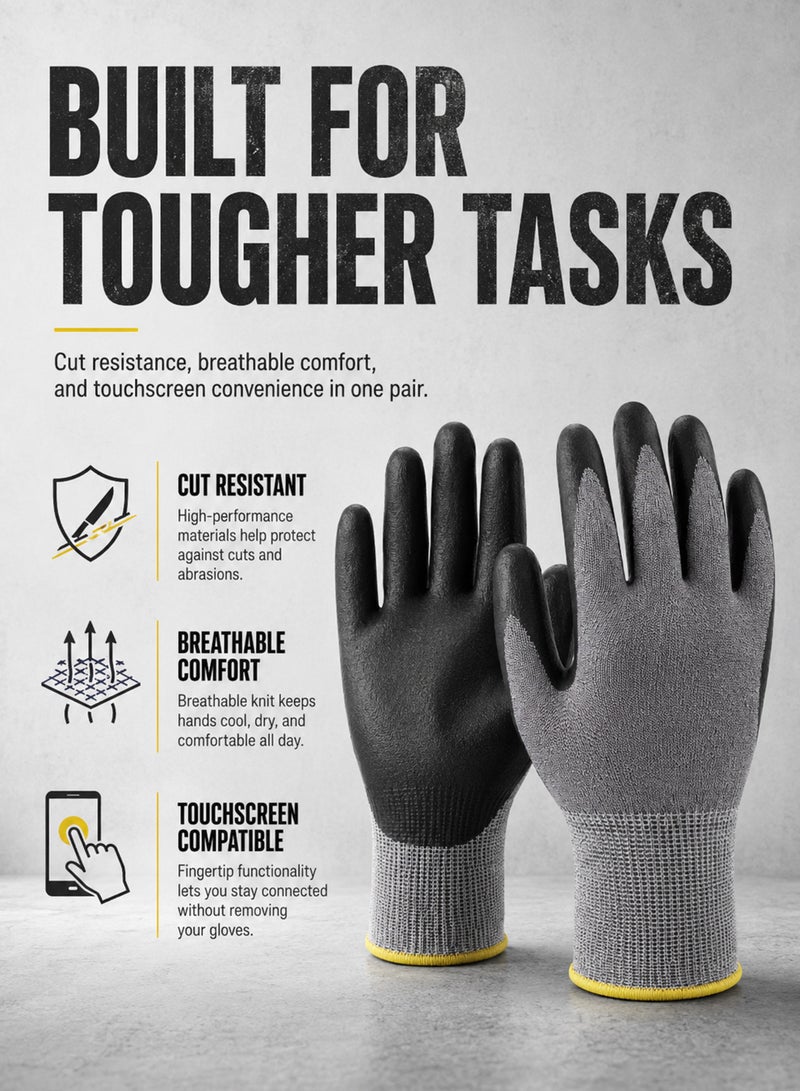 Touchscreen Cut Resistant Work Gloves ANSI A5 Safety Gloves, PU Coated Non Slip Grip, Reinforced Fingers & Thumb, Breathable Heavy Duty Protective Gloves for Warehouse Construction Welding Fishing Gardening(L) - Image 3