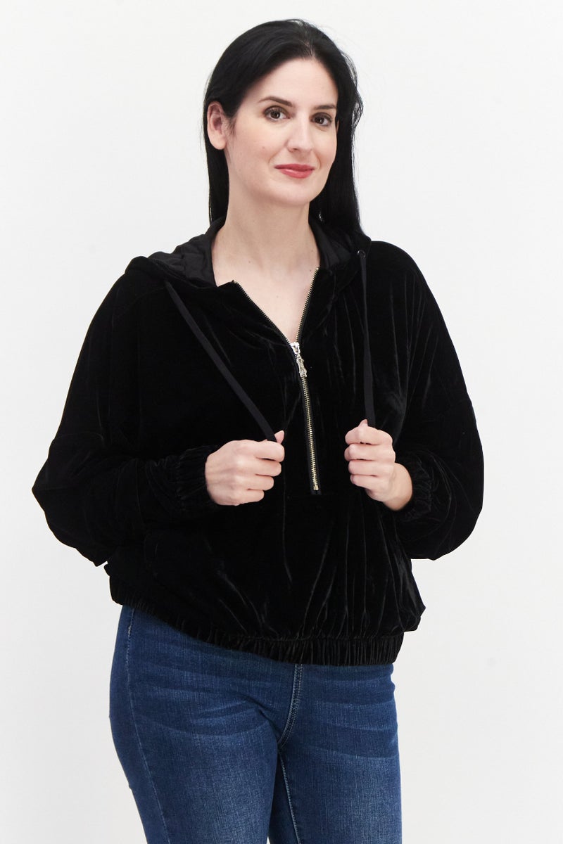 STEVE MADDEN Women Hooded Neck Velvet Sweatshirt, Black - Image 1