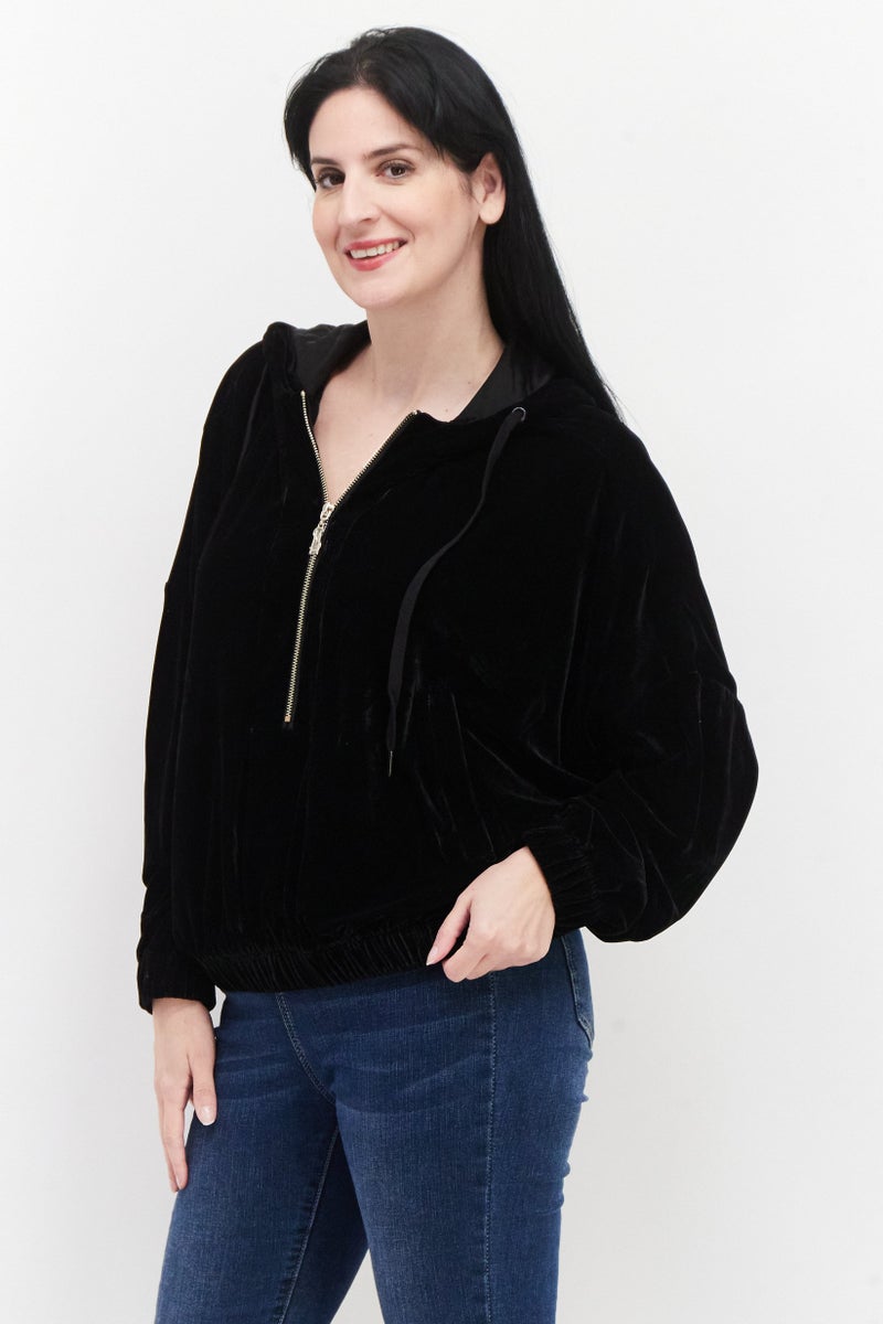 STEVE MADDEN Women Hooded Neck Velvet Sweatshirt, Black - Image 2