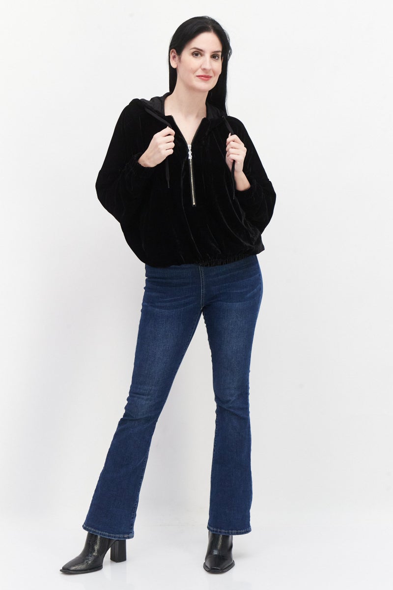 STEVE MADDEN Women Hooded Neck Velvet Sweatshirt, Black - Image 3