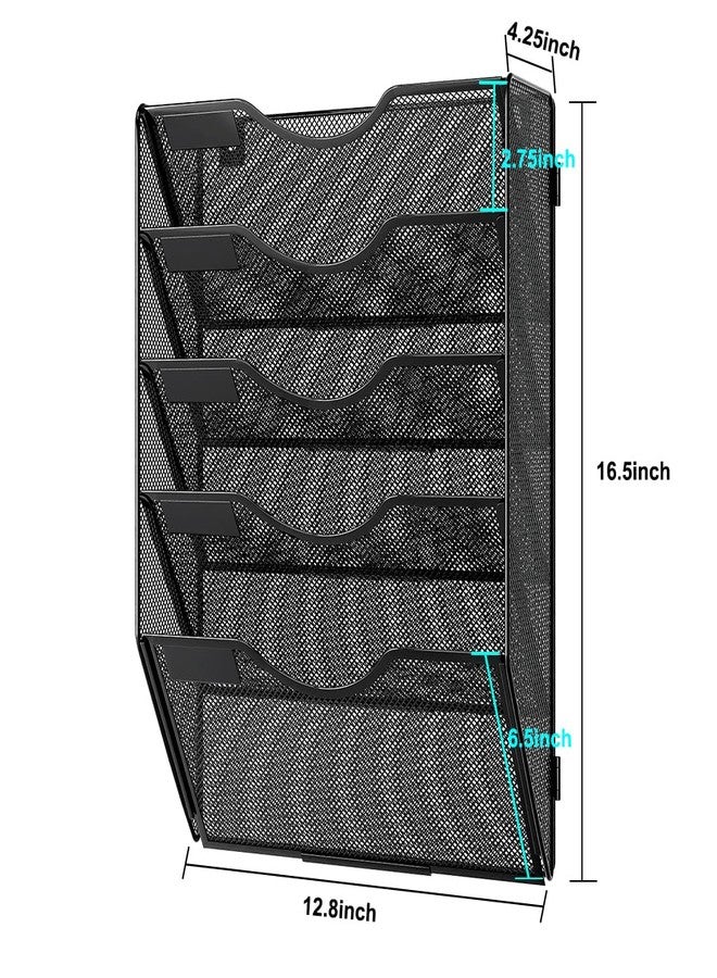 PAG Hanging Wall File Holder, 5 Tier Mail Sorter for Wall, Mesh Office Wall Organizer For Papers/Folders/Files Clipboard & Magazine, Black - Image 3