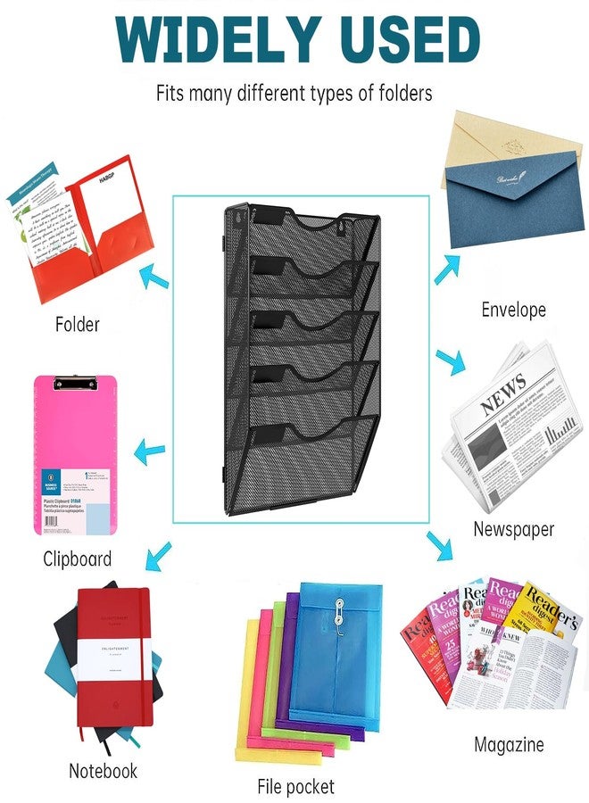 PAG Hanging Wall File Holder, 5 Tier Mail Sorter for Wall, Mesh Office Wall Organizer For Papers/Folders/Files Clipboard & Magazine, Black - Image 4