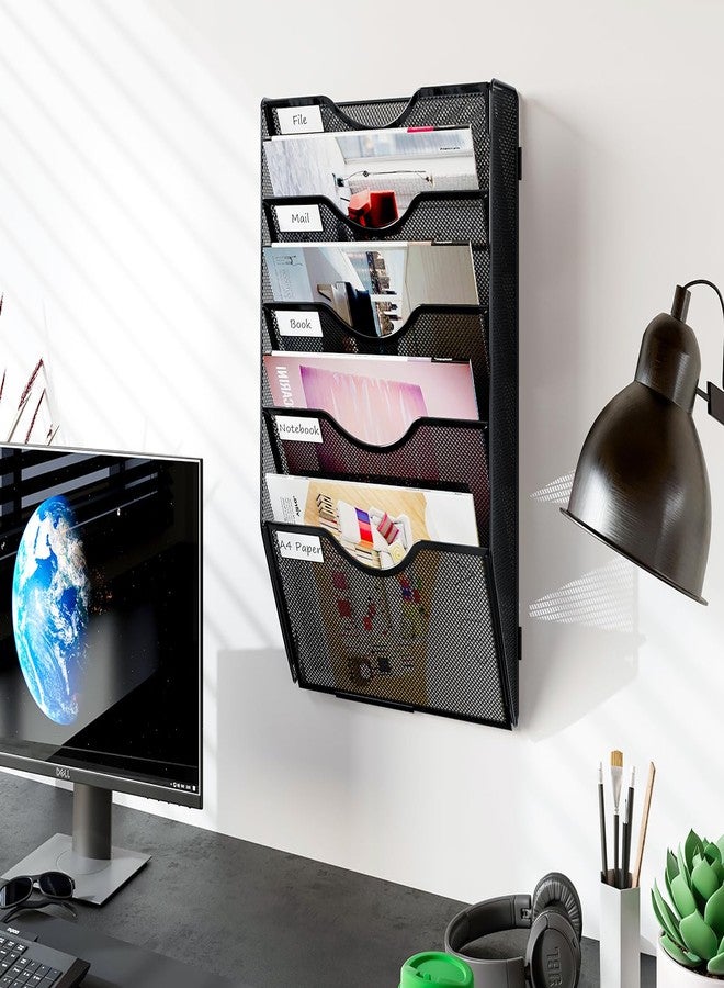 PAG Hanging Wall File Holder, 5 Tier Mail Sorter for Wall, Mesh Office Wall Organizer For Papers/Folders/Files Clipboard & Magazine, Black - Image 5