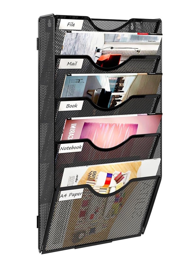 PAG Hanging Wall File Holder, 5 Tier Mail Sorter for Wall, Mesh Office Wall Organizer For Papers/Folders/Files Clipboard & Magazine, Black - Image 1