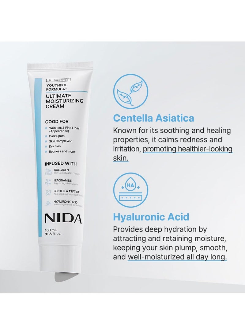 NIDA Youthful Formula™ Ultimate Moisturizing Cream | Centella Asiatica, Niacinamide, Hyaluronic Acid, Collagen | Wrinkles, Fine Lines, Dark Spots, Dry Skin, Redness | 3.38 fl. oz., 100ml - Image 4