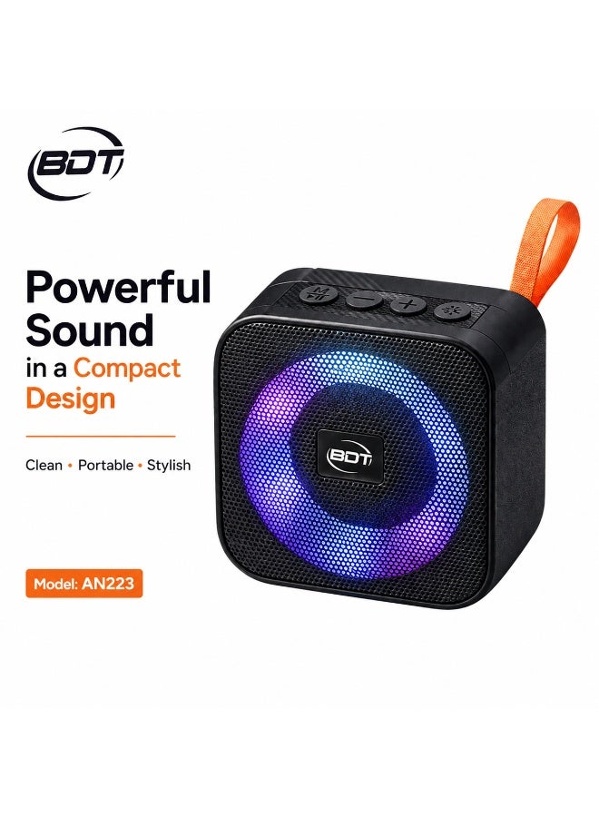 BDT سماعة بلوتوث محمولة BDT موديل AN223 بصوت قوي وإضاءة LED ملونة وتصميم مدمج - أسود - Image 4