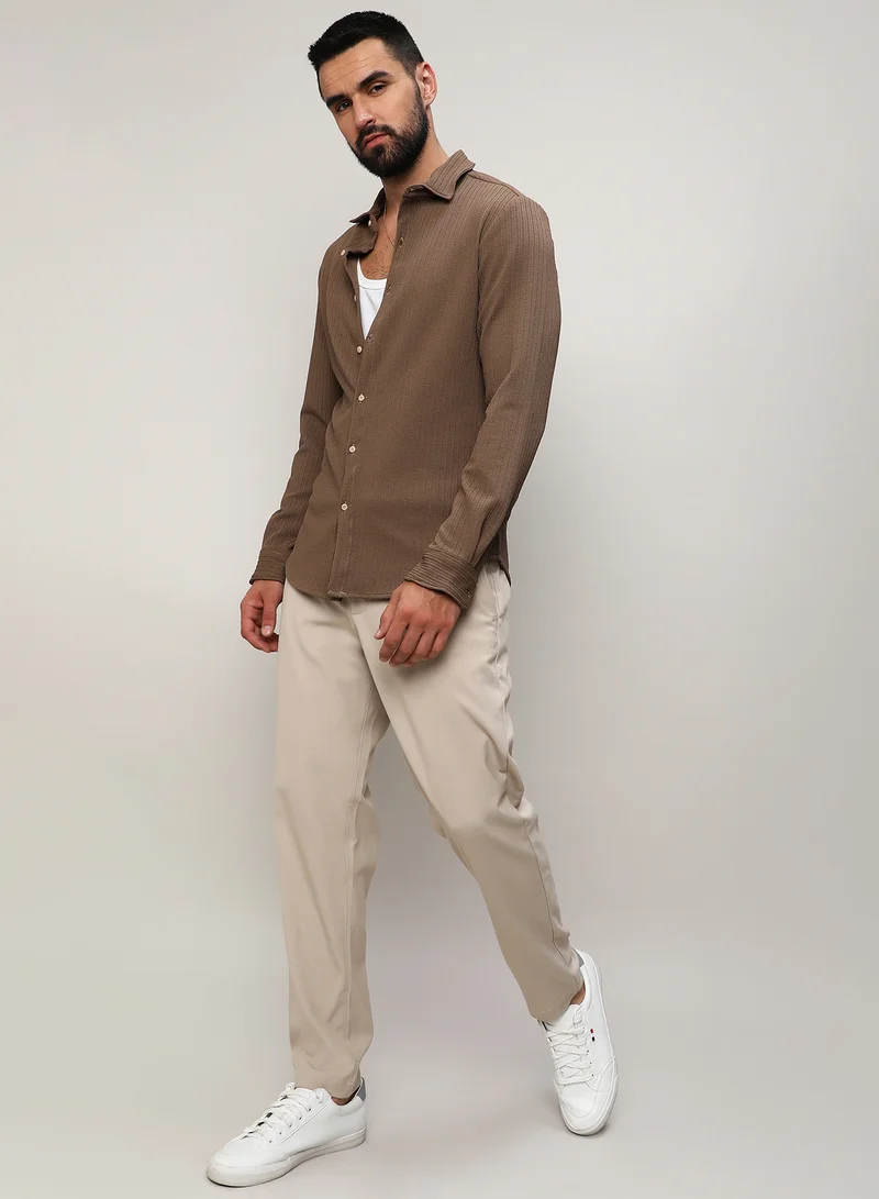 Campus Sutra Campus Sutra Men's Tan Brown Stripe-Creased Shirt For Casual Wear | Spread Collar | Long Sleeves | Button Closure | Shirt Crafted With Comfort Fit For Everyday Wear