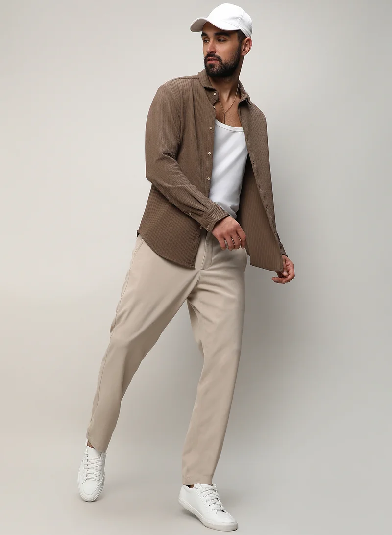 Campus Sutra Campus Sutra Men's Tan Brown Stripe-Creased Shirt For Casual Wear | Spread Collar | Long Sleeves | Button Closure | Shirt Crafted With Comfort Fit For Everyday Wear