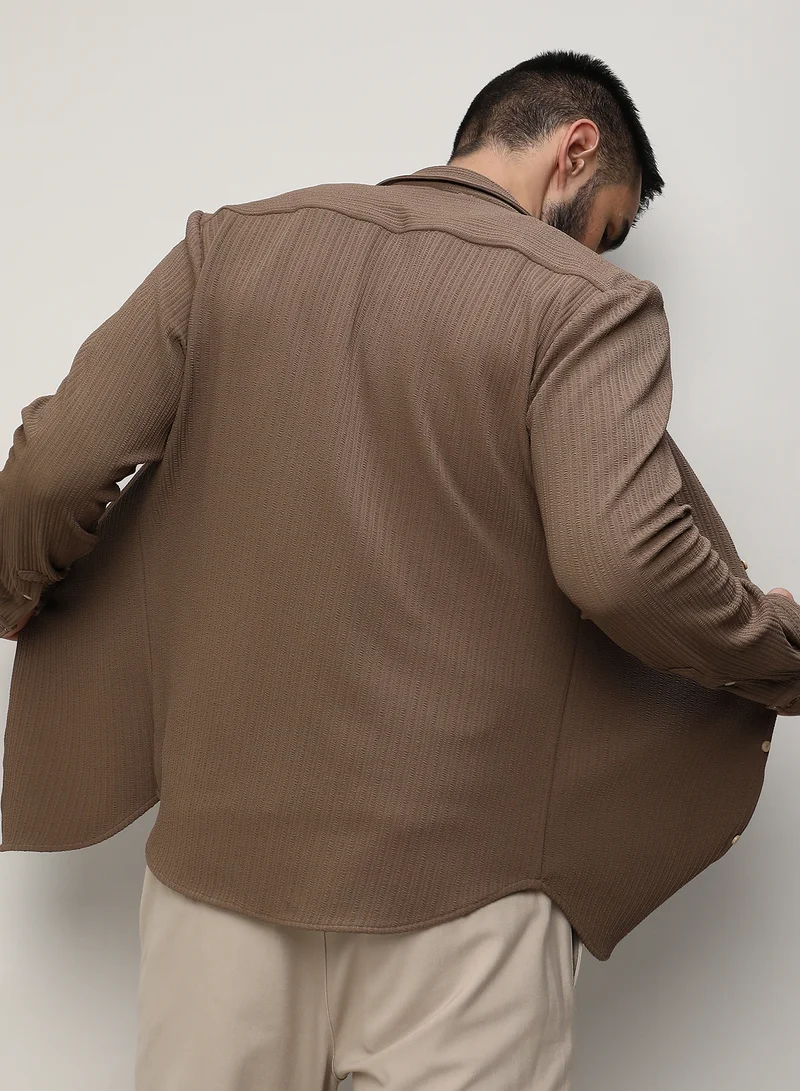 Campus Sutra Campus Sutra Men's Tan Brown Stripe-Creased Shirt For Casual Wear | Spread Collar | Long Sleeves | Button Closure | Shirt Crafted With Comfort Fit For Everyday Wear