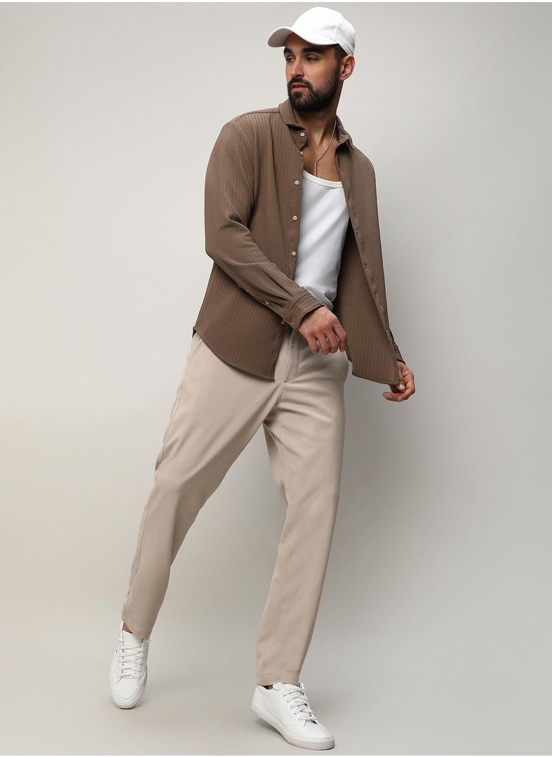 كامبوس سوترا - Men's Tan Brown Stripe-Creased Shirt - Image 1
