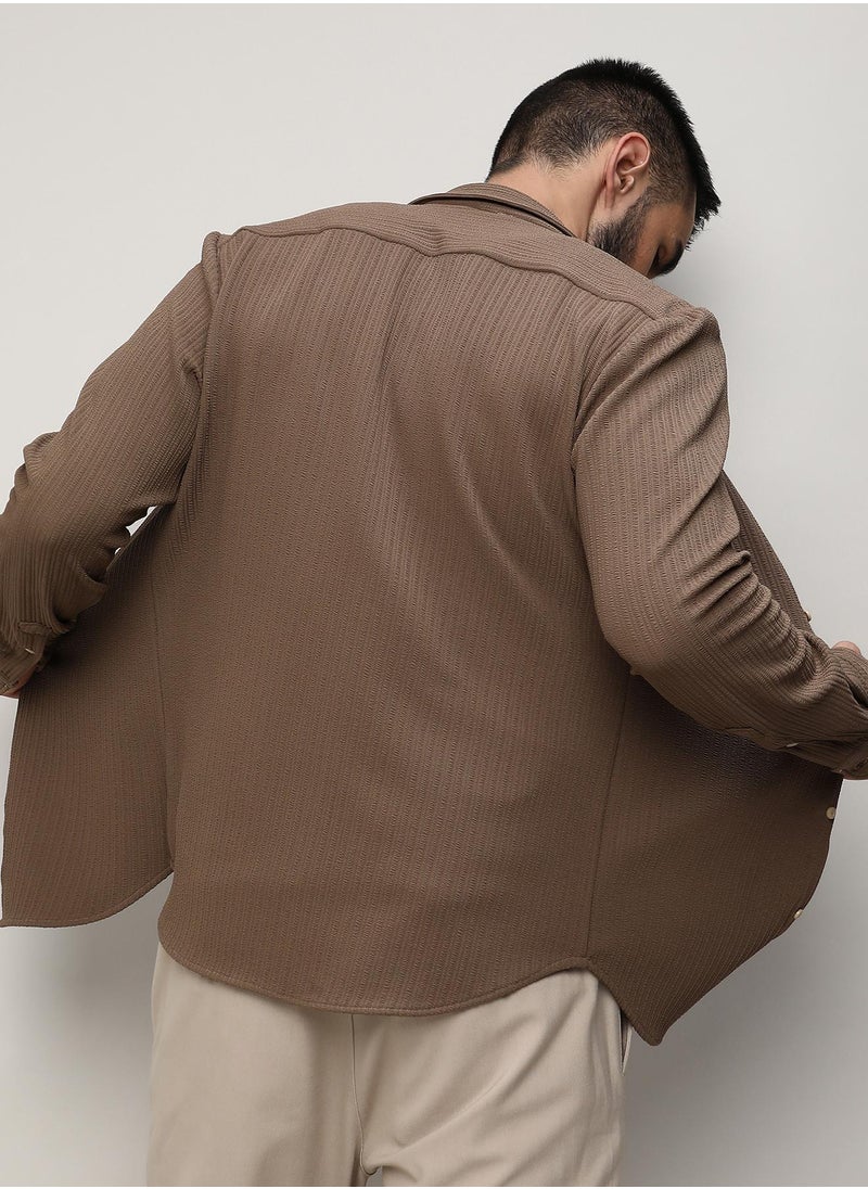 كامبوس سوترا - Men's Tan Brown Stripe-Creased Shirt - Image 1
