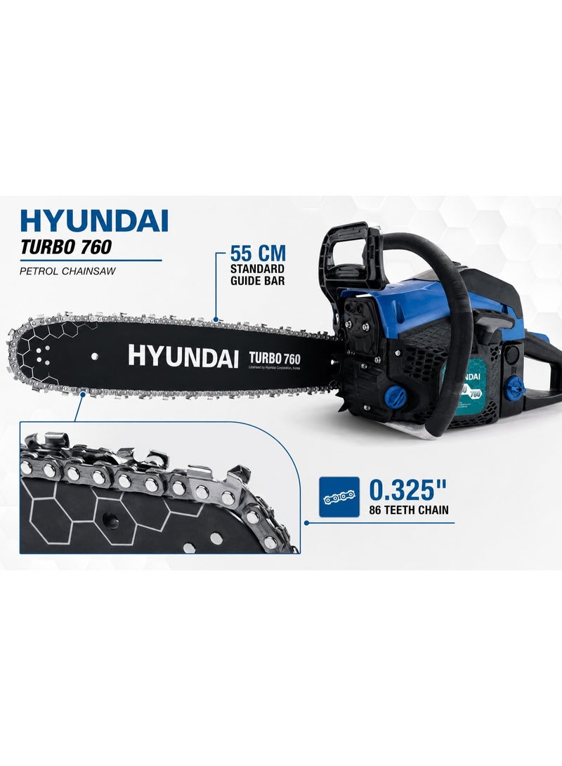 HYUNDAI Petrol Chainsaw Hyundai TURBO 760 54.6cc 2.5kW 55cm Guide Bar Heavy Duty Gasoline Chain Saw for Wood Cutting Logging Forestry and Agriculture - Image 3