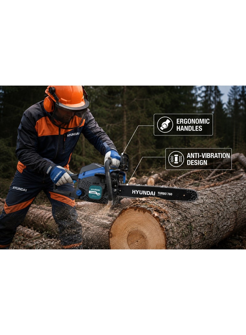 HYUNDAI Petrol Chainsaw Hyundai TURBO 760 54.6cc 2.5kW 55cm Guide Bar Heavy Duty Gasoline Chain Saw for Wood Cutting Logging Forestry and Agriculture - Image 4