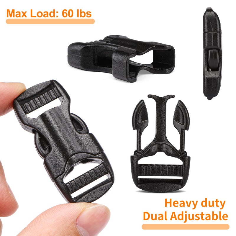 BEYOURD 5/8" Buckle and Strap Set: 6 Yards of Thick Nylon Webbing, 6 Pack Quick Side Release Adjustable Plastic Buckles, 12 Tri-Glide Slide Clips, Black (5/8" Combo Set) - Image 3