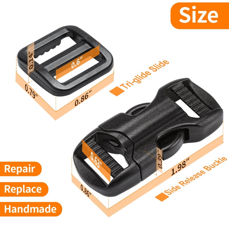 BEYOURD 5/8" Buckle and Strap Set: 6 Yards of Thick Nylon Webbing, 6 Pack Quick Side Release Adjustable Plastic Buckles, 12 Tri-Glide Slide Clips, Black (5/8" Combo Set) - Image 5