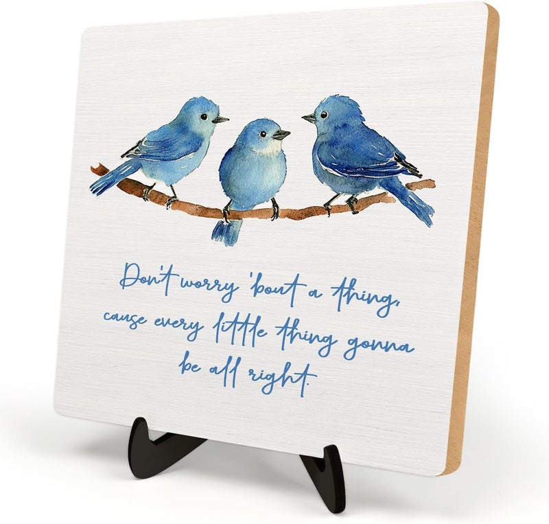 DMADNF Inspirational Wooden Sign,Every Little Thing Is Gonna Be All Right,Plaque with Watercolor Birds, Positive Desk Decor for Home Office, Uplifting Gifts for Women Teachers Friends, Graduation Gift (Blue, 5.9x5.9inch) - Image 1