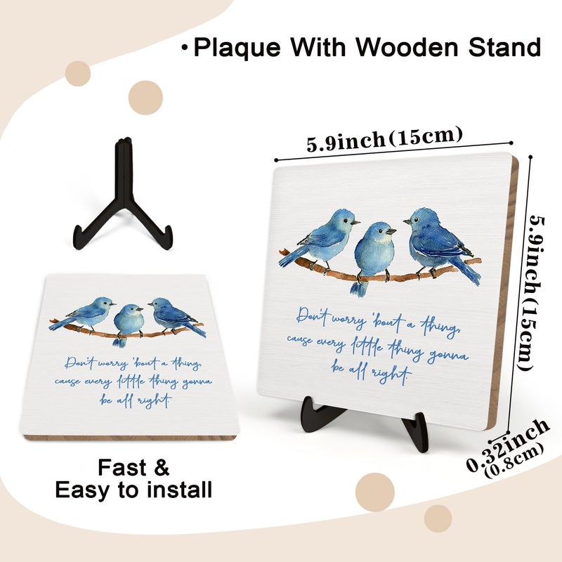 DMADNF Inspirational Wooden Sign,Every Little Thing Is Gonna Be All Right,Plaque with Watercolor Birds, Positive Desk Decor for Home Office, Uplifting Gifts for Women Teachers Friends, Graduation Gift (Blue, 5.9x5.9inch) - Image 2