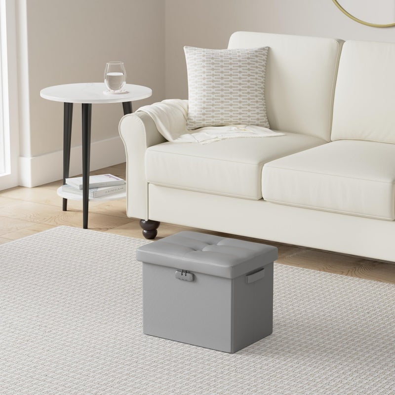 DocSafe Storage Ottoman with Lock,Fireproof Folding Ottoman Foot Rest Stool Storage Chest with Storage Safe for Important Documents,Waterproof 17 Inches Short Ottoman Foot Stool with Handles,Grey - Image 2