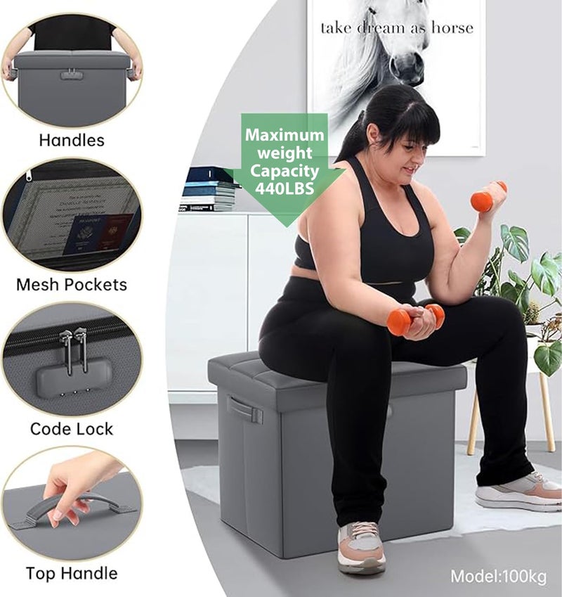 DocSafe Storage Ottoman with Lock,Fireproof Folding Ottoman Foot Rest Stool Storage Chest with Storage Safe for Important Documents,Waterproof 17 Inches Short Ottoman Foot Stool with Handles,Grey - Image 5