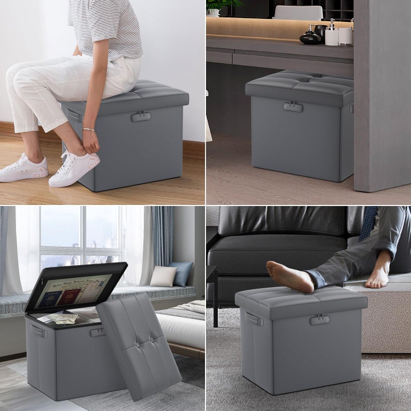 DocSafe Storage Ottoman with Lock,Fireproof Folding Ottoman Foot Rest Stool Storage Chest with Storage Safe for Important Documents,Waterproof 17 Inches Short Ottoman Foot Stool with Handles,Grey - Image 3