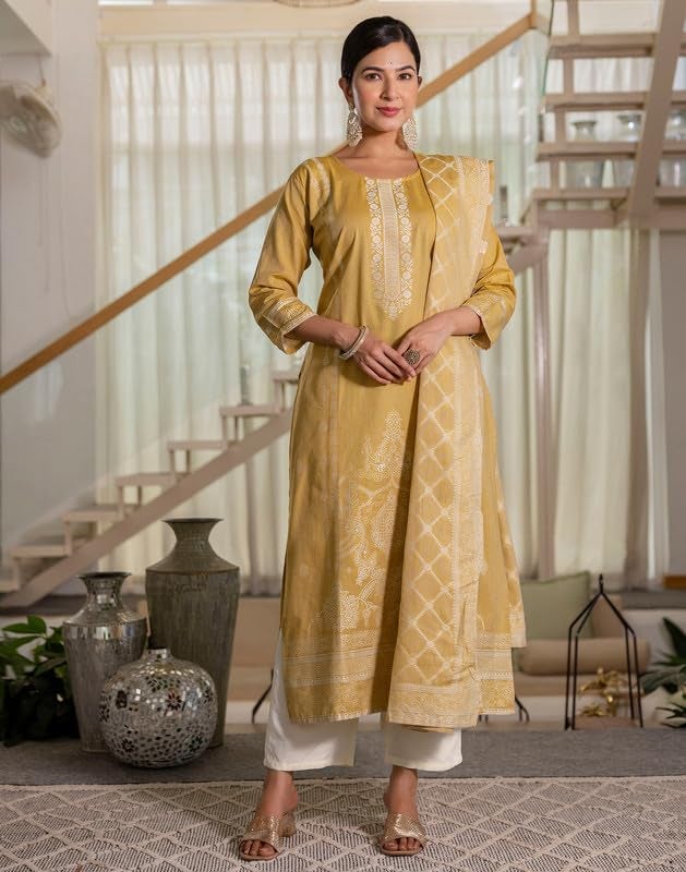 SIRIL Women's Cotton Jacquard Self Woven Kurta with Pant & Dupatta, Kurti Set for Woman (292KBD3059-S_Dark Beige) - Image 3