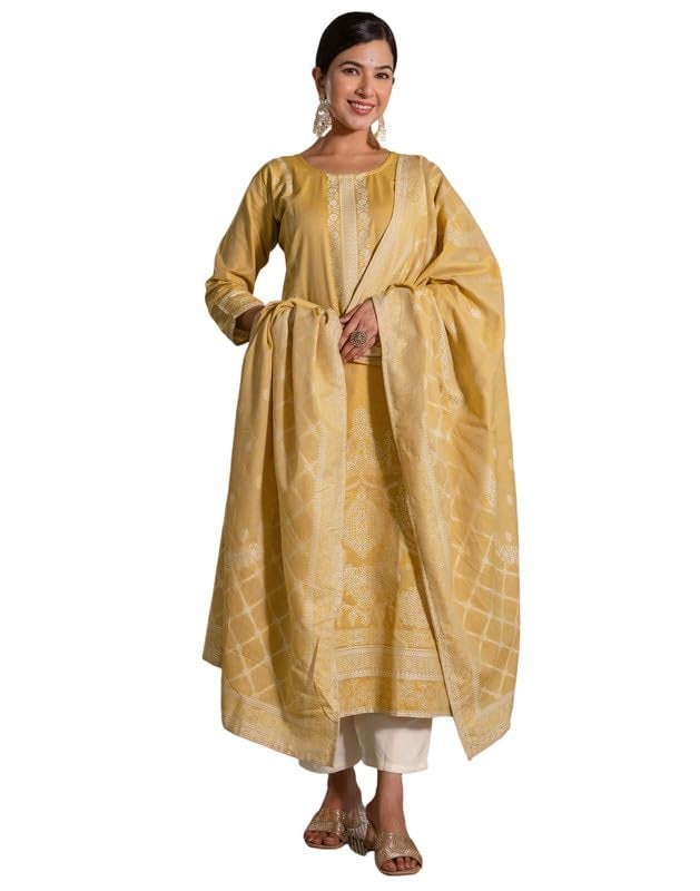 SIRIL Women's Cotton Jacquard Self Woven Kurta with Pant & Dupatta, Kurti Set for Woman (292KBD3059-S_Dark Beige) - Image 1