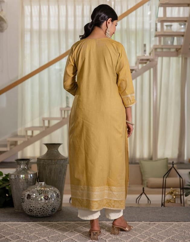 SIRIL Women's Cotton Jacquard Self Woven Kurta with Pant & Dupatta, Kurti Set for Woman (292KBD3059-S_Dark Beige) - Image 2