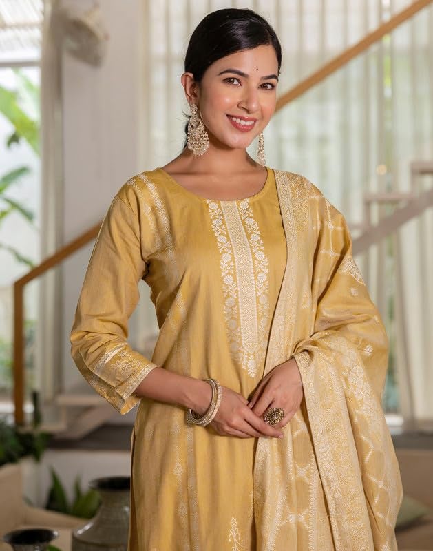 SIRIL Women's Cotton Jacquard Self Woven Kurta with Pant & Dupatta, Kurti Set for Woman (292KBD3059-S_Dark Beige) - Image 5