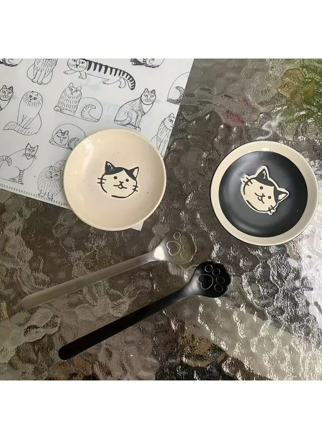 Black 2pcs Rustic Ceramic Kitten Print Spoon Holder With Cat Paw Sauce Dish - Image 1