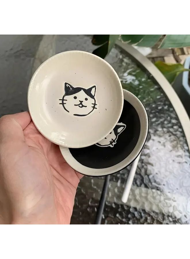 Black 2pcs Rustic Ceramic Kitten Print Spoon Holder With Cat Paw Sauce Dish - Image 2