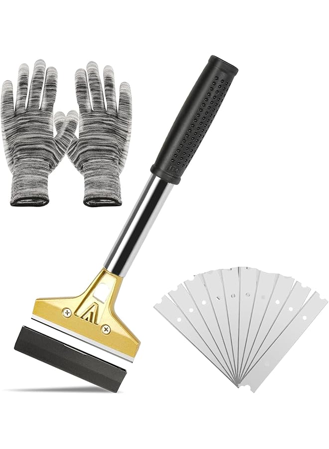 PROMASS promass Blade Scraper, Tile Scraper Tool, 4 In Metal Floor Scraper, with 10PCS Extra Metal Blades, Long Handle Paint Scraper, for Cleaning Stove Top, Windows, Glass, Tiles, Wall, Labels  - Image 1