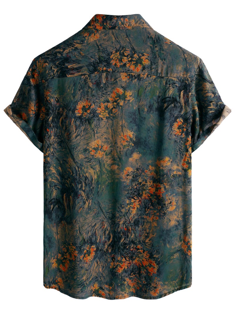 JOTOOK Mens Hawaiian Shirt Short Sleeve Button Down Tropical Shirts Casual Floral Summer Beach Shirt Large Gray Orange - Image 3
