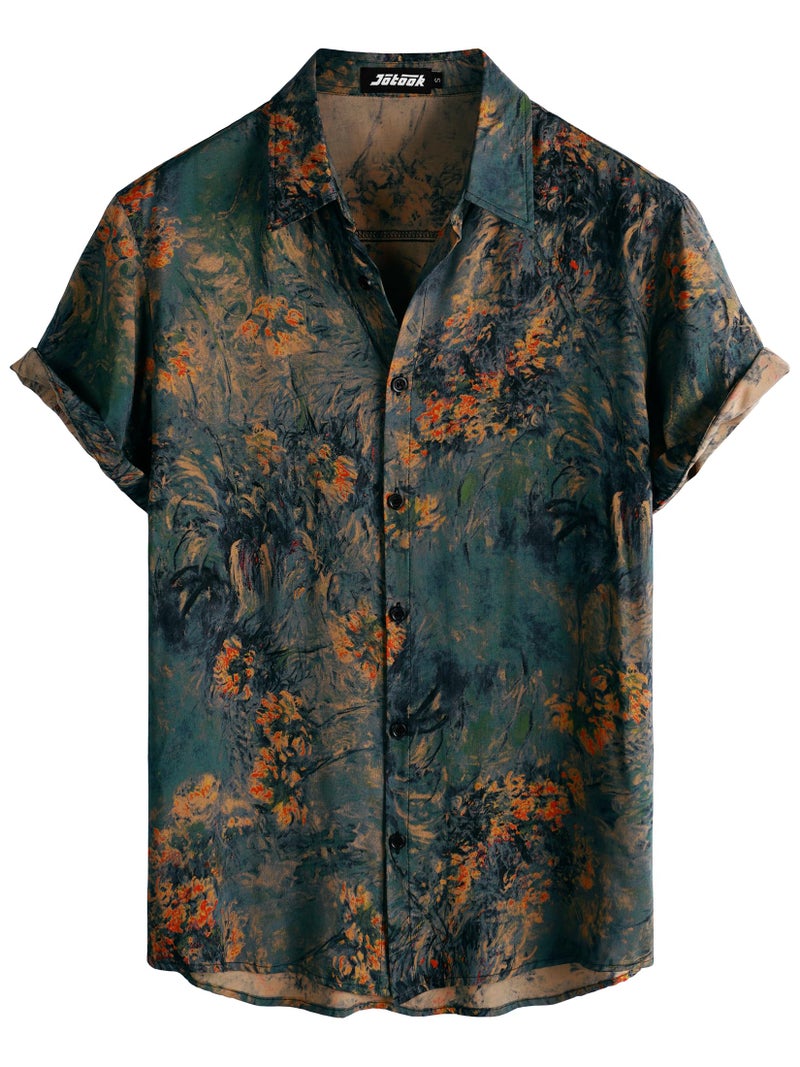 JOTOOK Mens Hawaiian Shirt Short Sleeve Button Down Tropical Shirts Casual Floral Summer Beach Shirt Large Gray Orange - Image 1