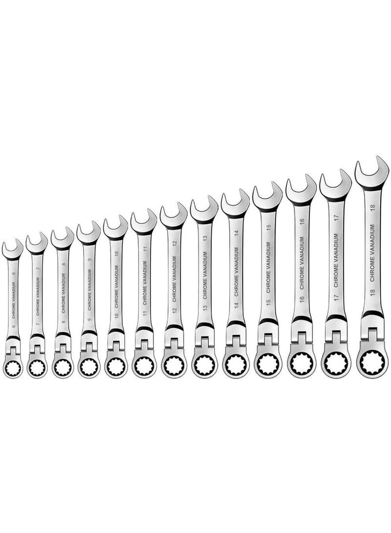 GGOOT Flex Head Ratchet Wrench Set,Metric,Chrome Vanadium Steel Combination Spanner Wrench Kits Hardware Hand Tool,13pcs(6,18) - Image 1