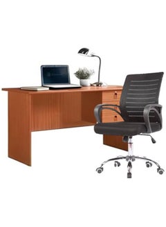 AL WADI FURNITURE AWF AL WADI FURNITURE Modern CherryBrown Compressed Wood Desk with Ergonomic Lining Mesh Design Adjustable Lowback 360 Swivel Desk Chair Black for Home,Office,Study,Living Room,Warehouse,Hospital Use  - Image 1
