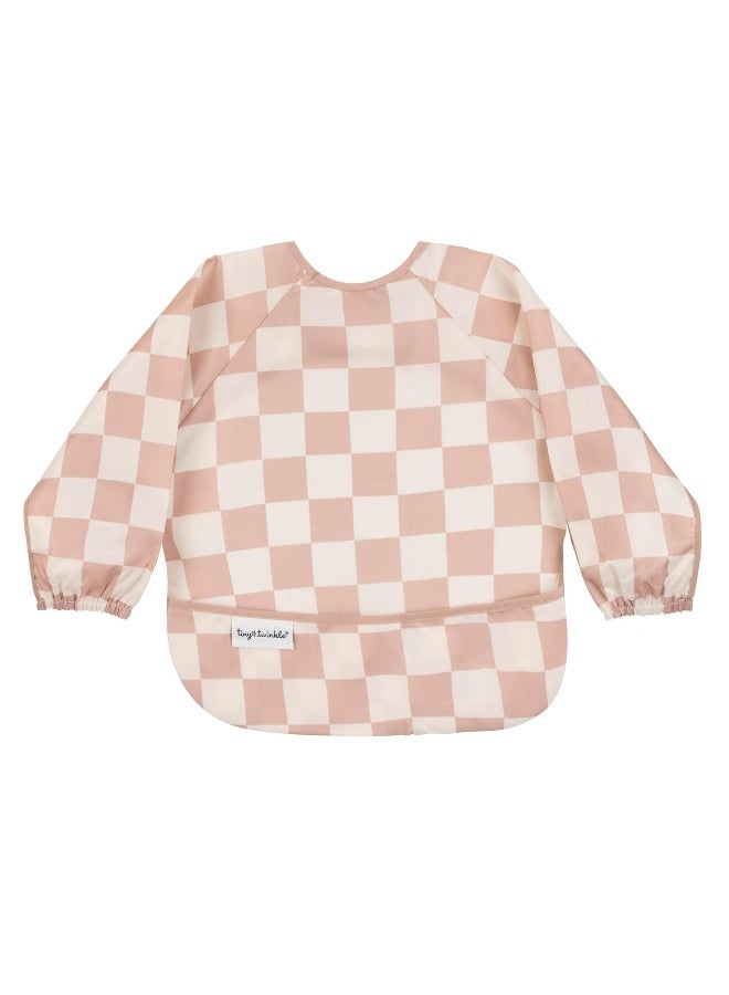 Tiny Twinkle Mess Proof Baby Bib,Waterproof Smock Baby Bib for Eating,Machine Washable Long Sleeve Bib,Baby Led Weaning,Toddler Bib,BLW Supplies(Checkers Brown, Small 6-24 Months) - Image 1