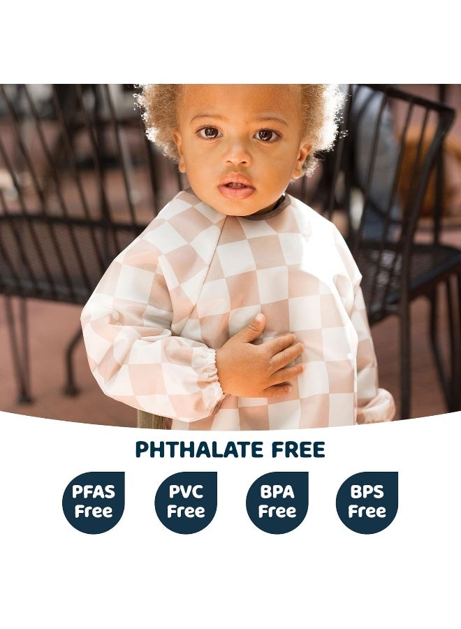 Tiny Twinkle Mess Proof Baby Bib,Waterproof Smock Baby Bib for Eating,Machine Washable Long Sleeve Bib,Baby Led Weaning,Toddler Bib,BLW Supplies(Checkers Brown, Small 6-24 Months) - Image 2
