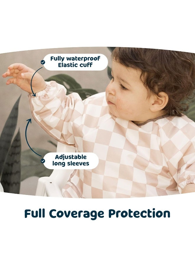 Tiny Twinkle Mess Proof Baby Bib,Waterproof Smock Baby Bib for Eating,Machine Washable Long Sleeve Bib,Baby Led Weaning,Toddler Bib,BLW Supplies(Checkers Brown, Small 6-24 Months) - Image 4