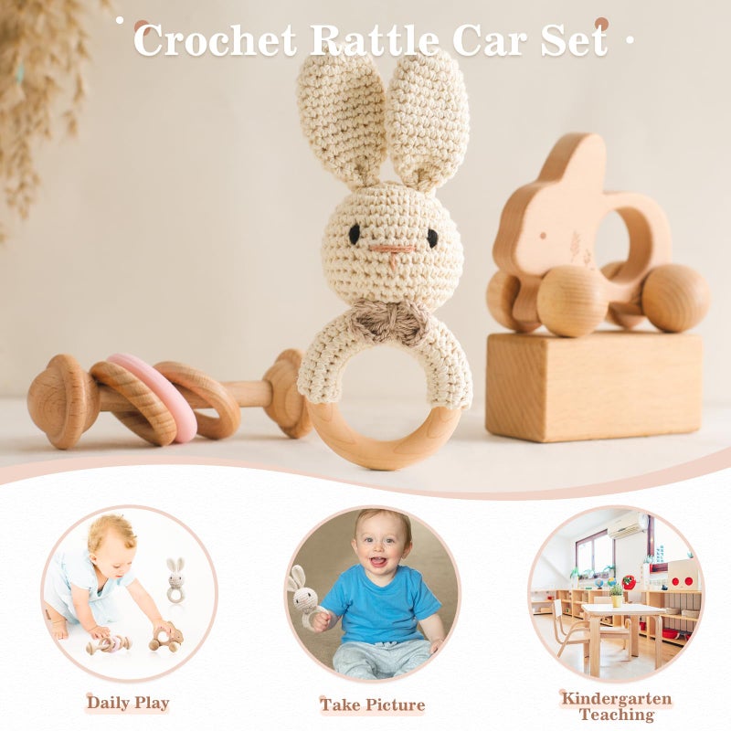 let's make Wooden Baby Rattle 3 PCS Push Car Rattle Set Crochet Rattle Ring Wooden Montessori Toy for Newborn Infant Baby Gifts (Rabbit Rattle) - Image 5