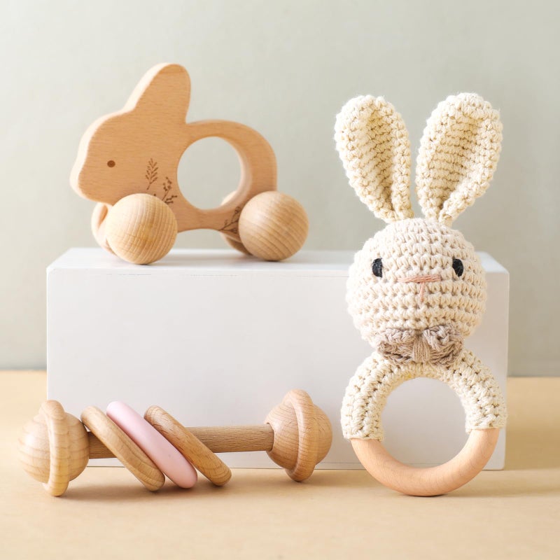 let's make Wooden Baby Rattle 3 PCS Push Car Rattle Set Crochet Rattle Ring Wooden Montessori Toy for Newborn Infant Baby Gifts (Rabbit Rattle) - Image 1