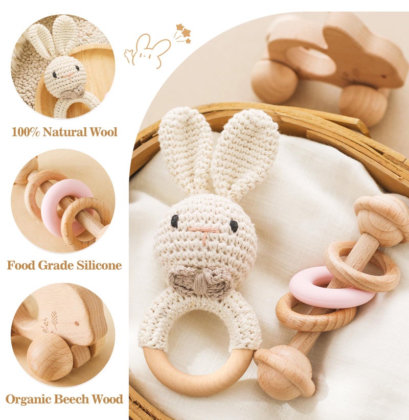 let's make Wooden Baby Rattle 3 PCS Push Car Rattle Set Crochet Rattle Ring Wooden Montessori Toy for Newborn Infant Baby Gifts (Rabbit Rattle) - Image 2