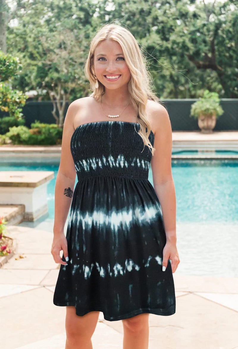 rosemia Women's Summer Casual Dresses Beach Strapless Tie Dyed Print Tube Swing Sundress (Tiedyed Black,M) - Image 2