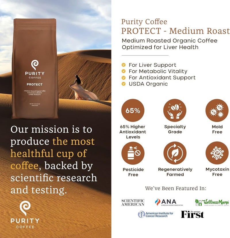 Purity Coffee PROTECT - Highest Antioxidant Light-Medium Roast Organic Whole Bean Coffee - 5 lb Bag - Image 2