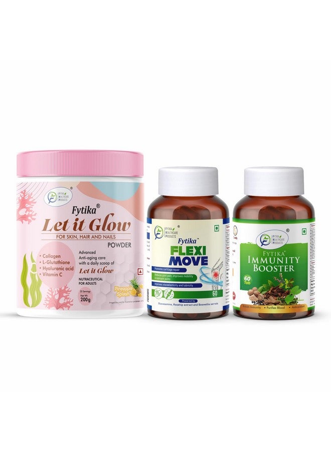Fytika Health & Mobility Combo - Let It Glow Collagen Powder 200g + Flexi Move Glucosamine Rosehip Extract 60 Tabs + Immunity Booster Tablets 60s | Skin, Joints & Immunity Support - Image 1
