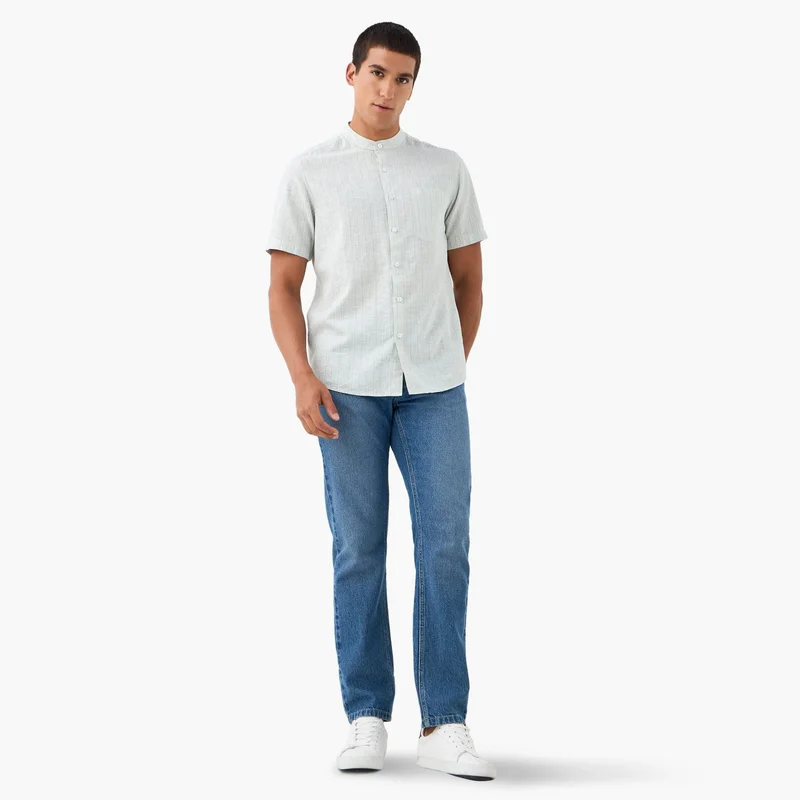 Splash FAV Striped Linen Blend Mandarin Collar Shirt