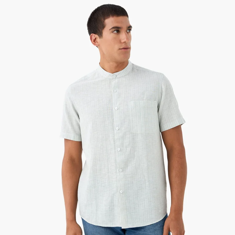 Splash FAV Striped Linen Blend Mandarin Collar Shirt