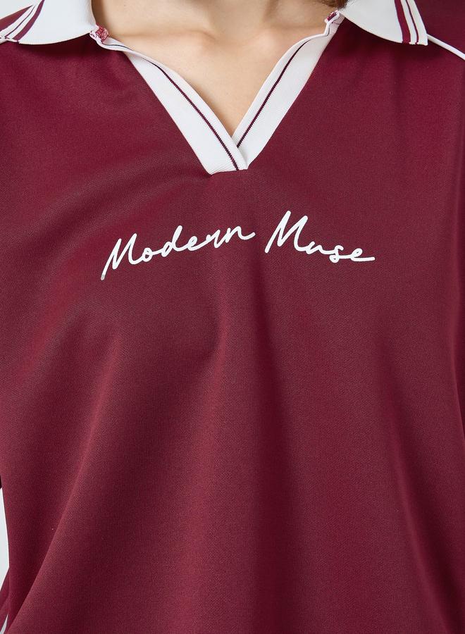 ستايلي تيشيرت واسع بياقة بولو وتفاصيل مخططة - Image 3