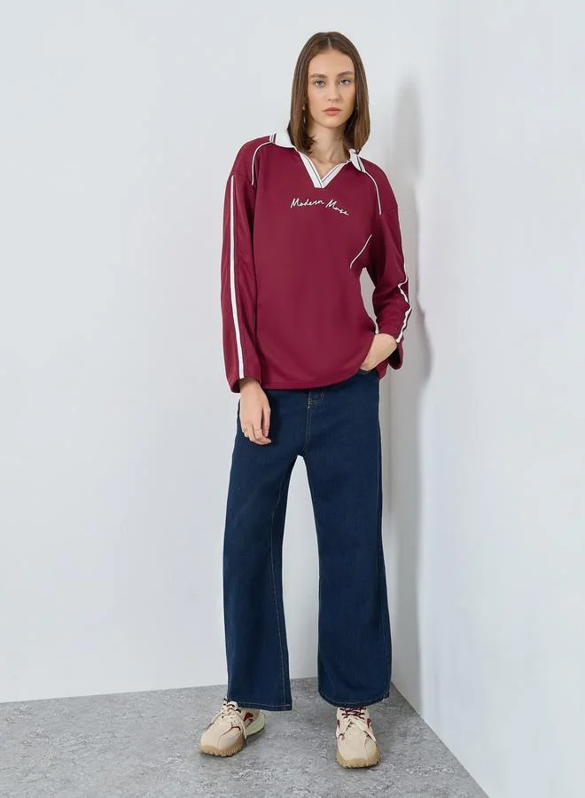 Styli Burgundy Oversized Polo T-Shirt with Stripe Detail